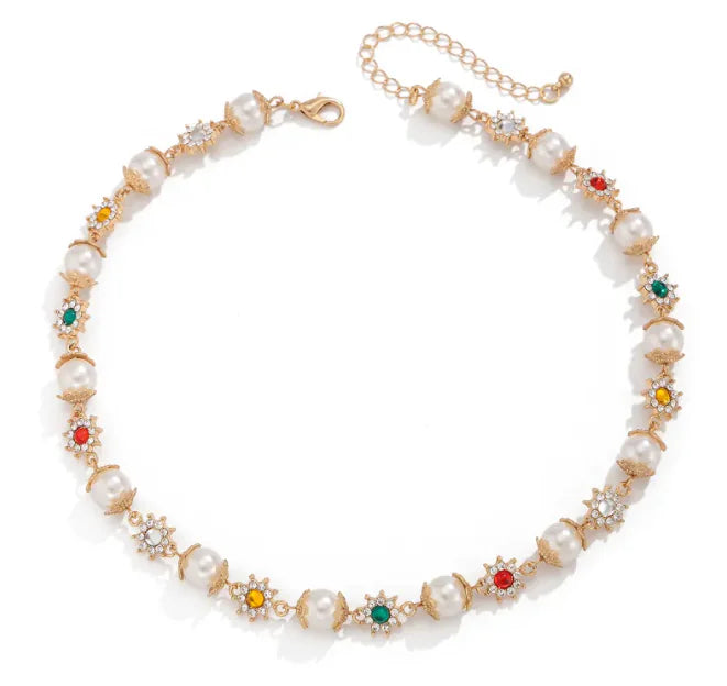 Colored Diamond Flower Pearl Necklace