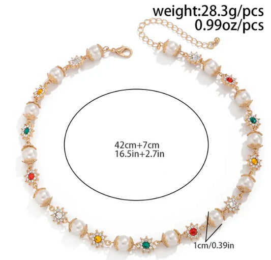 Colored Diamond Flower Pearl Necklace