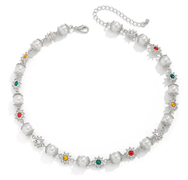 Colored Diamond Flower Pearl Necklace